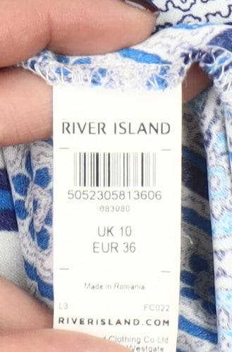 River Island Women Blue Geometric Tunic Button-Up Shirt Size 10
