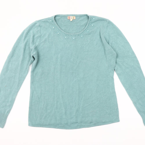 Dixie Women’s Blue Beaded Round Neck Wool Blend Jumper Size L