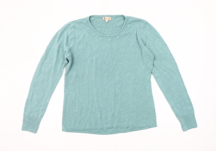 Dixie Women’s Blue Beaded Round Neck Wool Blend Jumper Size L