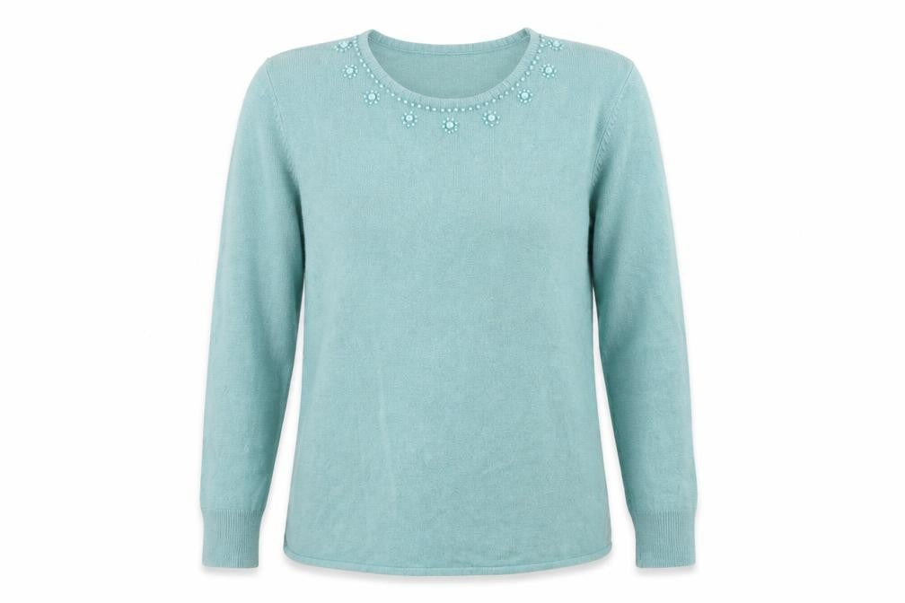 Front view of Dixie Women’s Blue Beaded Round Neck Wool Blend Jumper, size L