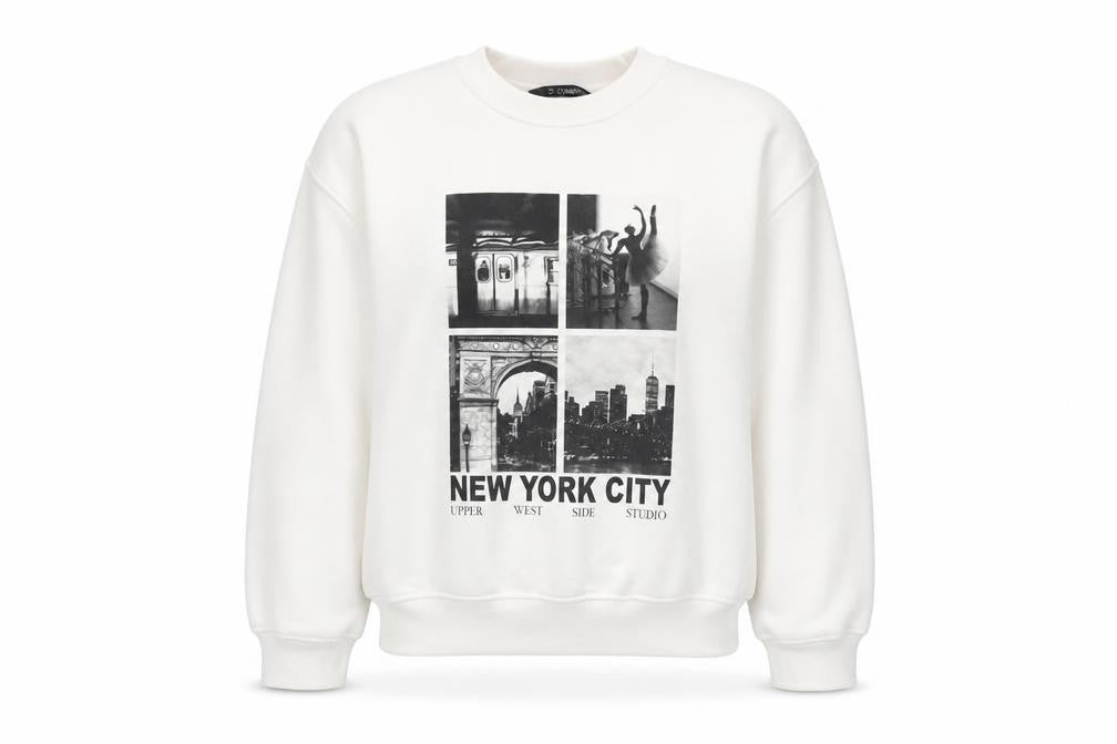 Front view of Dunnes Women Cream New York City Graphic Pullover Sweatshirt M