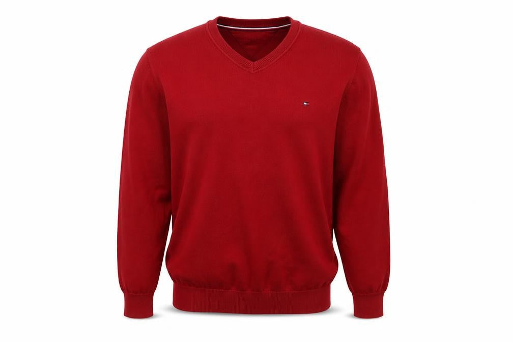 Front view of Tommy Hilfiger Men's Red V-Neck Cotton Jumper XL