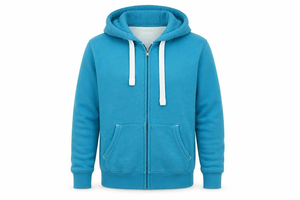 Front view of Cotton Ridge men’s blue full zip hoodie, size M, regular fit