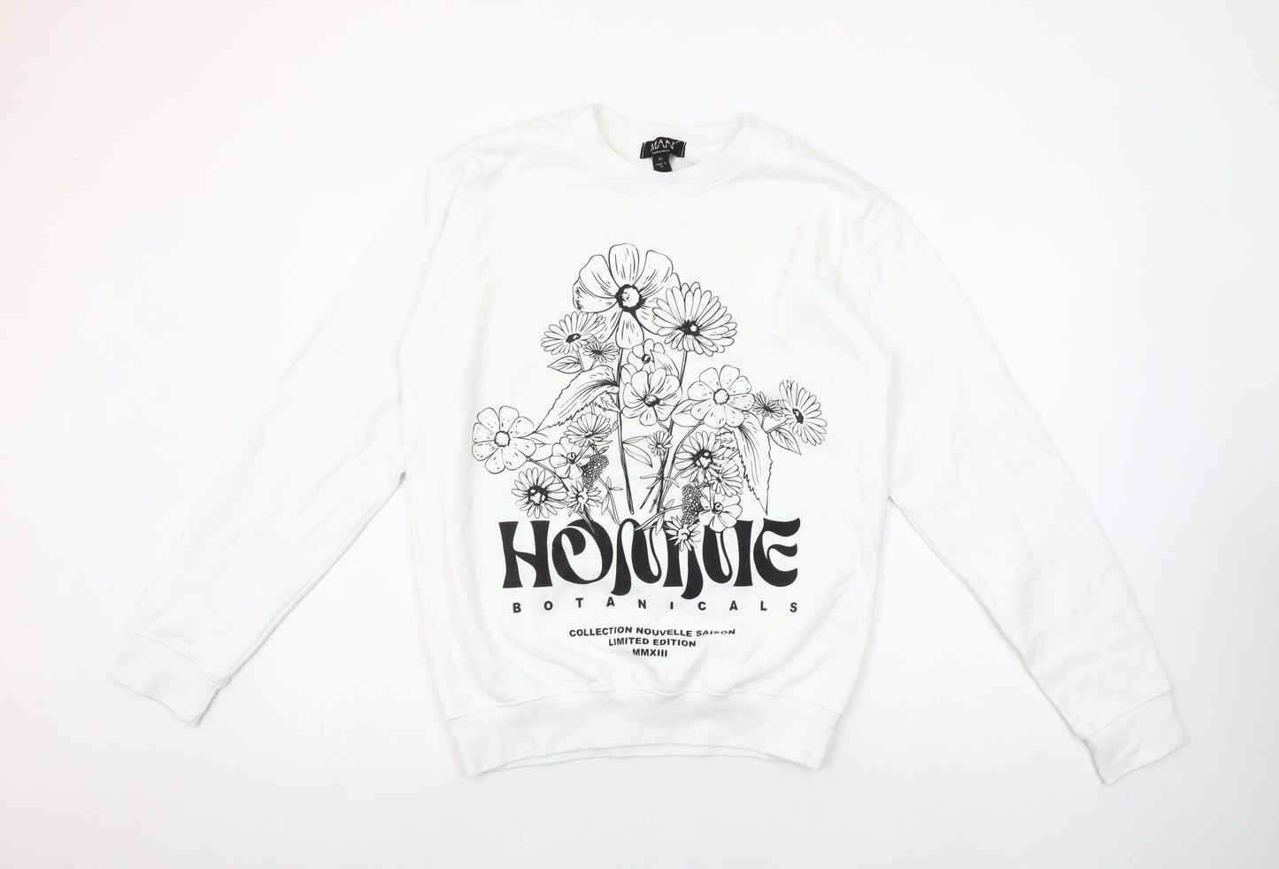 boohooMAN Men's White Botanical Graphic Print Pullover Sweatshirt XS