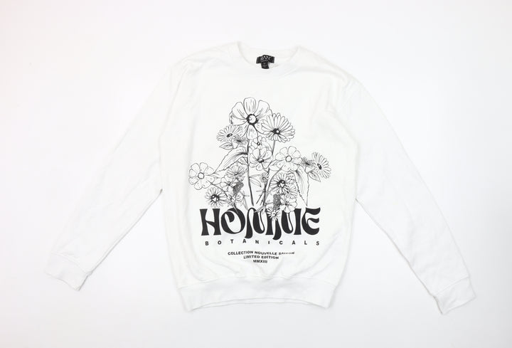 boohooMAN Men's White Botanical Graphic Print Pullover Sweatshirt XS