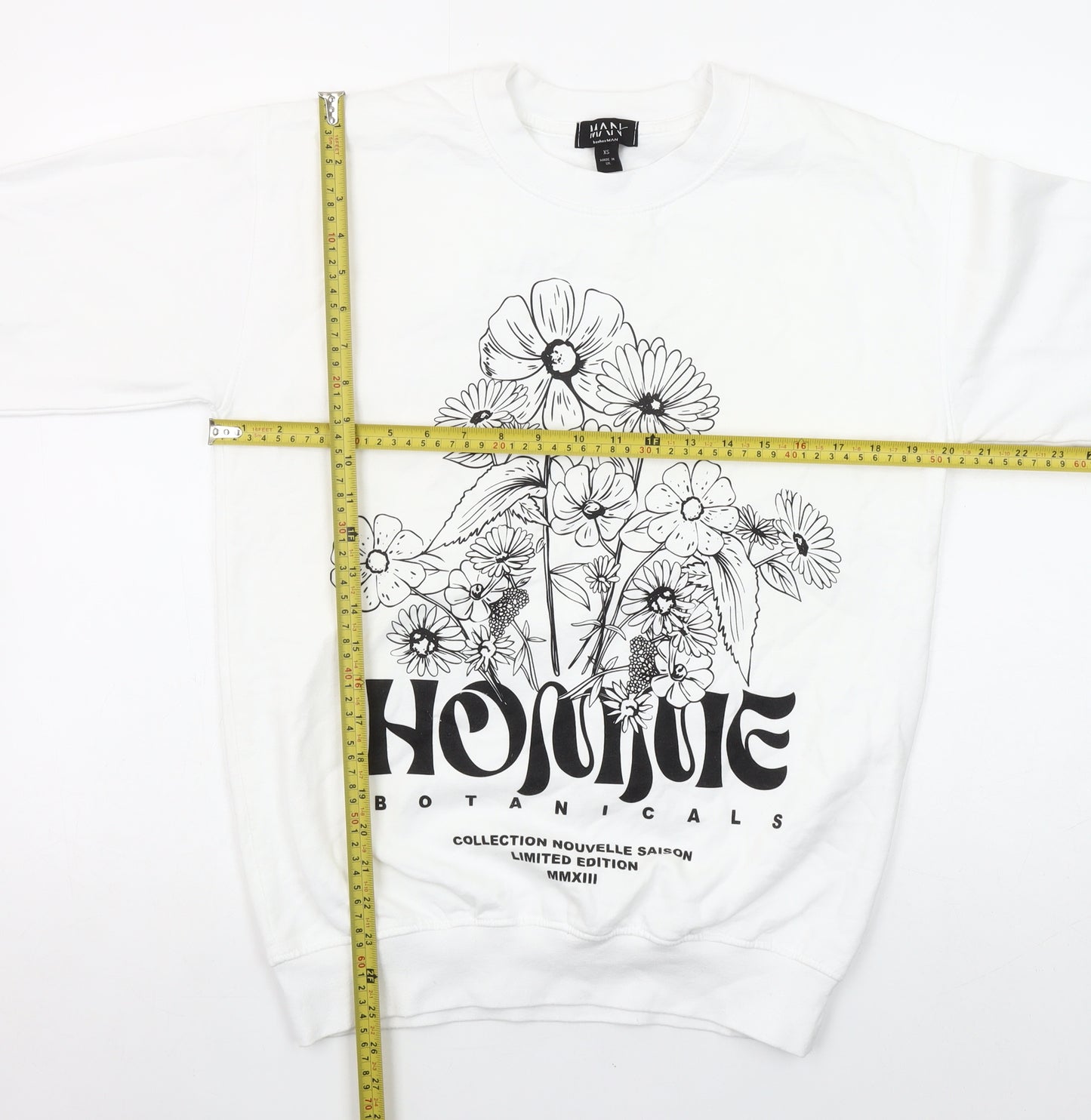 boohooMAN Men's White Botanical Graphic Print Pullover Sweatshirt XS
