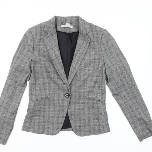 H&M Womens Grey Check Single-Breasted Blazer Size 10 Regular Fit