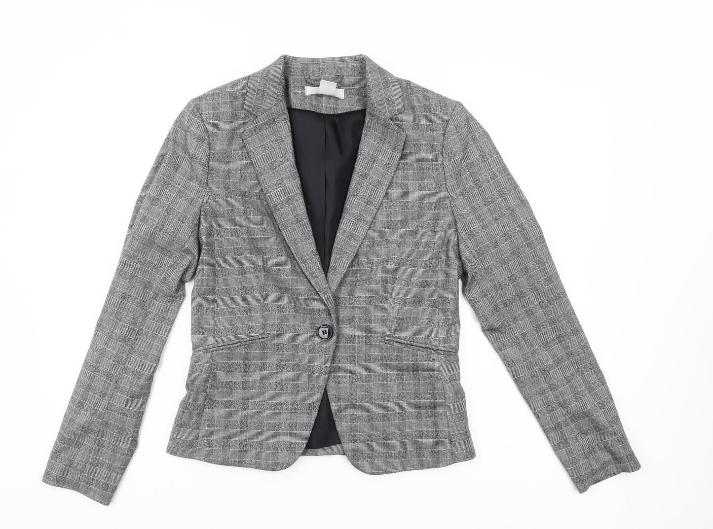 H&M Womens Grey Check Single-Breasted Blazer Size 10 Regular Fit