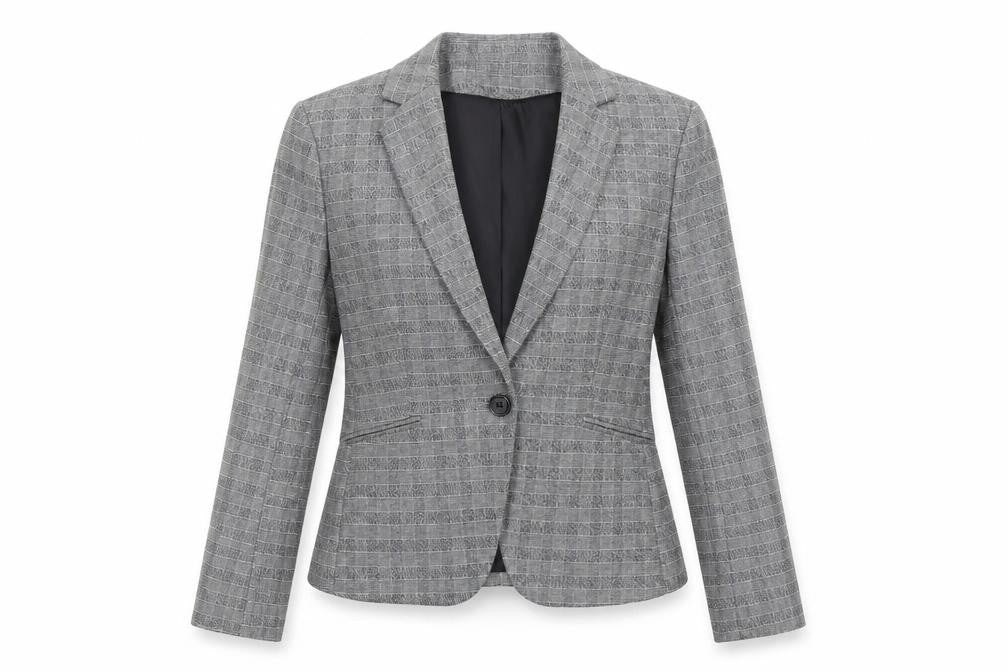 Front view of H&M women’s grey check single-breasted blazer, size UK 10, regular fit