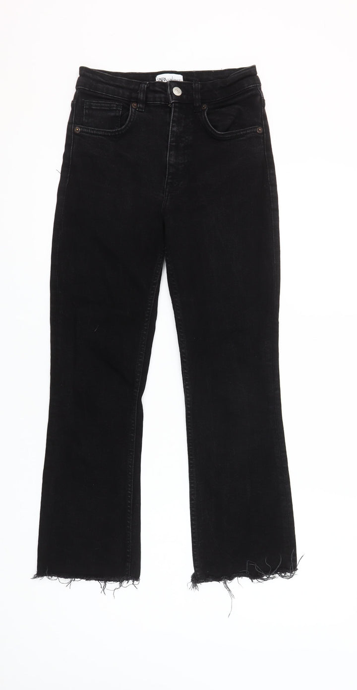 Zara Women Black Cropped Slim Jeans Size 8 High Rise Frayed Hem