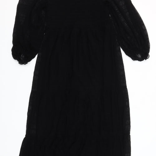Max Studio Women's Black Midi Smocked Puff Sleeve A-Line Dress Size M