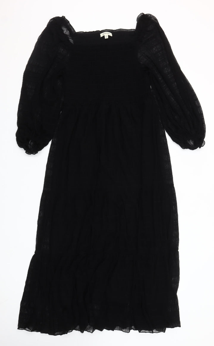 Max Studio Women's Black Midi Smocked Puff Sleeve A-Line Dress Size M