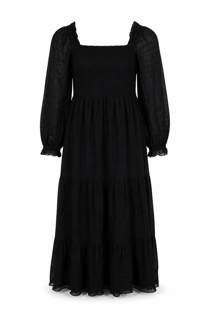 Max Studio Women's Black Midi Smocked Puff Sleeve A-Line Dress Size M