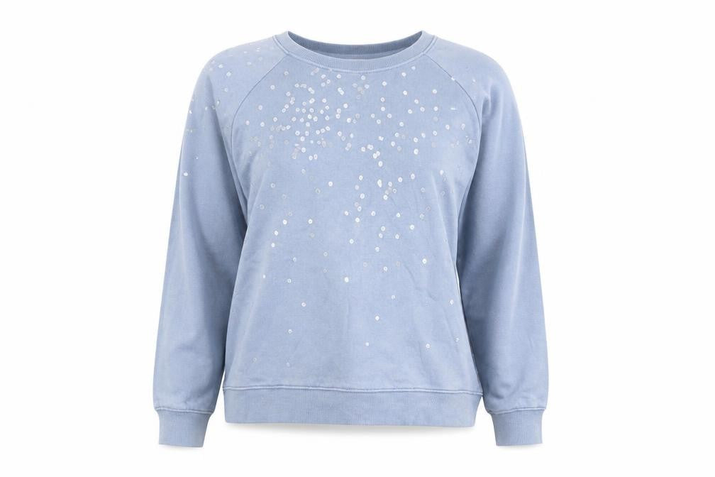 Front view of Hush Women Blue Cotton Sequin Sweatshirt M Relaxed Fit