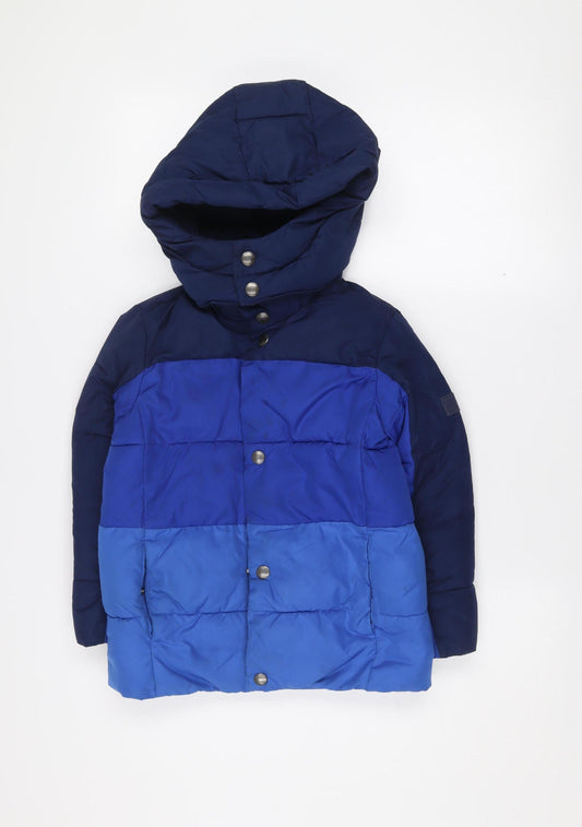 Front view of Gap Kids boys’ blue 4-5 years puffer jacket hooded winter coat
