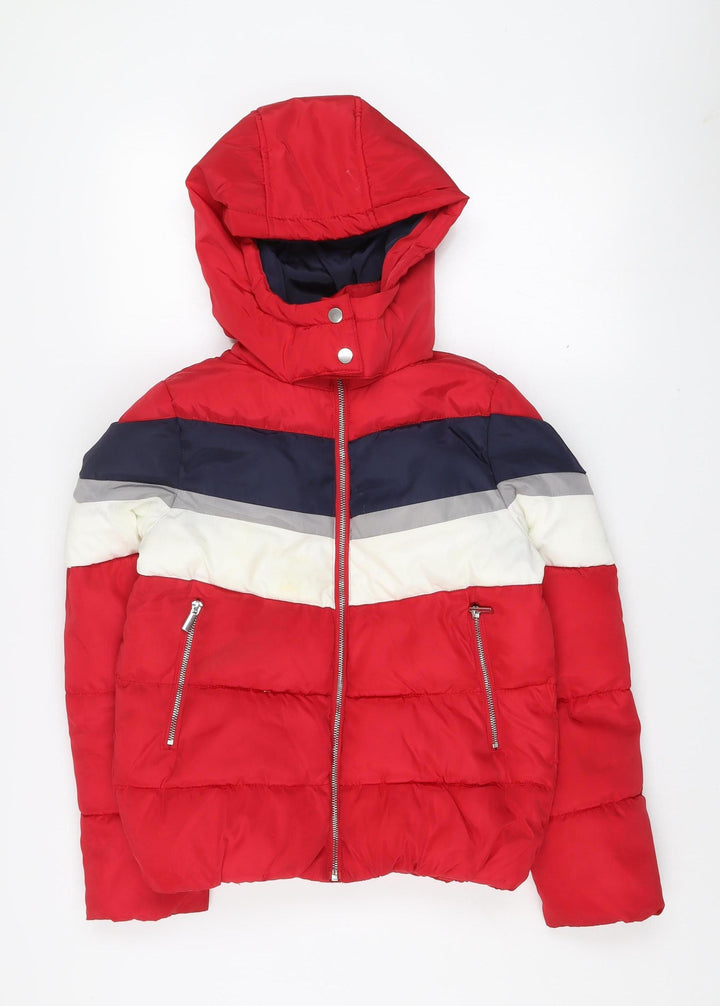 New Look Girls Red Colourblock Puffer Jacket Hooded Winter Coat Size 6 Years