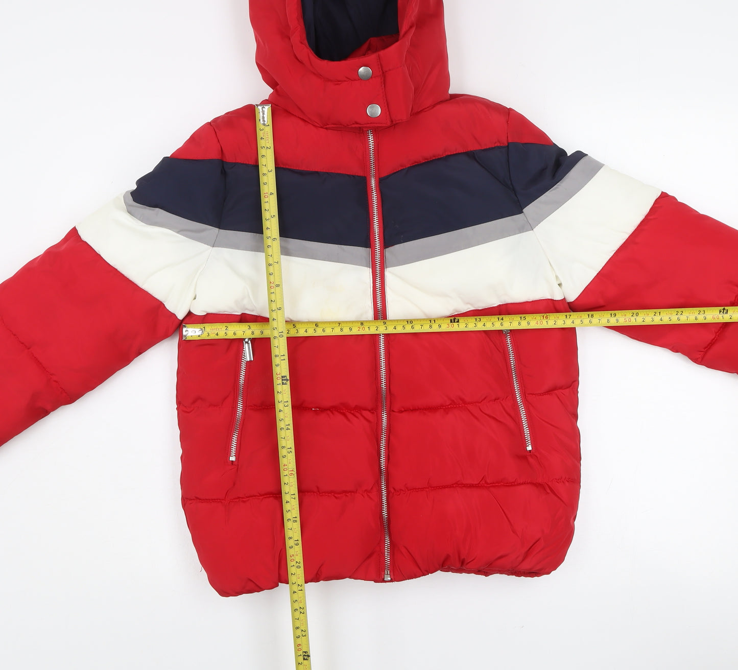 New Look Girls Red Colourblock Puffer Jacket Hooded Winter Coat Size 6 Years