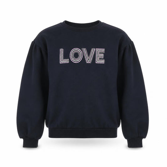 Front view of I Love Girlswear Navy LOVE Jumper girls’ age 12 cotton blend crew neck