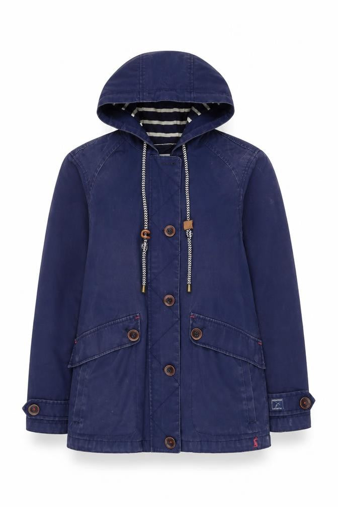 Front view of Joules women’s blue waterproof breathable hooded jacket uk 10