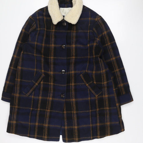 Cooperative Women's Blue Check Wool Pea Coat Lined Mid-Length L