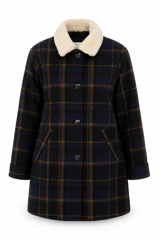 Front view of Cooperative Women's Blue Check Wool Pea Coat Lined Mid-Length L