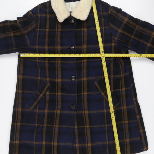 Cooperative Women's Blue Check Wool Pea Coat Lined Mid-Length L