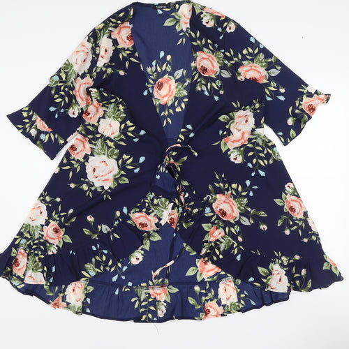 Boohoo Women’s Blue Floral Wrap Dress Size 16 3/4 Sleeve Ruffle Hem