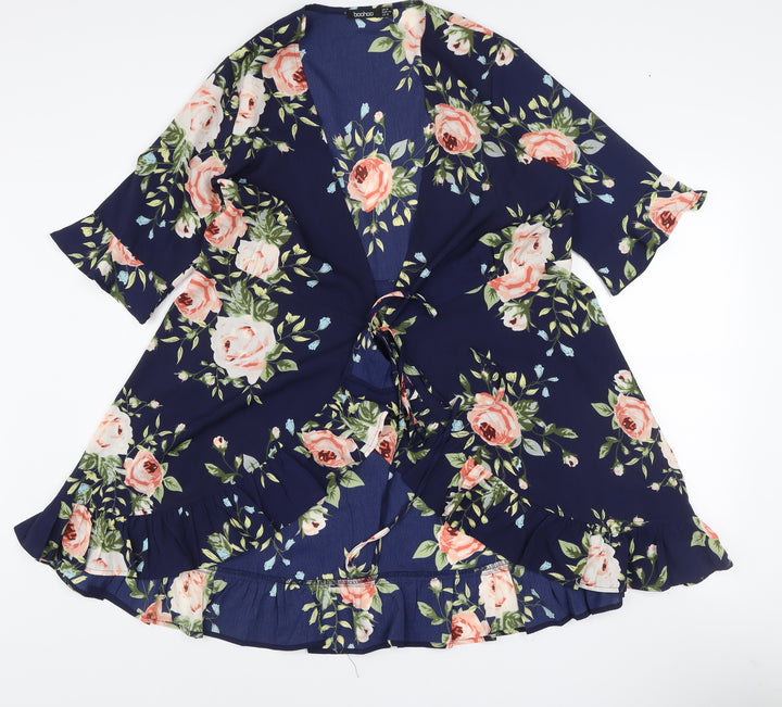 Boohoo Women’s Blue Floral Wrap Dress Size 16 3/4 Sleeve Ruffle Hem