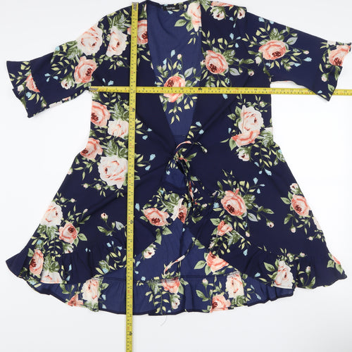 Boohoo Women’s Blue Floral Wrap Dress Size 16 3/4 Sleeve Ruffle Hem