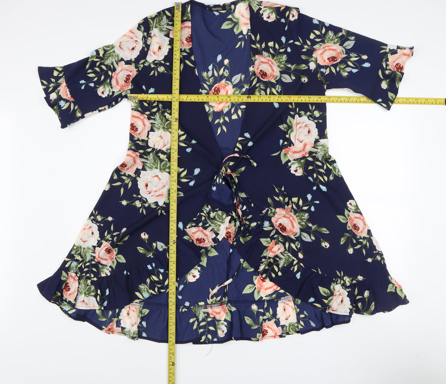 Boohoo Women’s Blue Floral Wrap Dress Size 16 3/4 Sleeve Ruffle Hem
