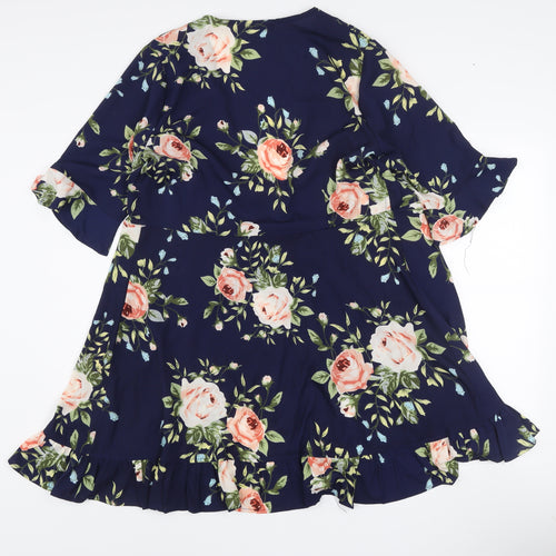 Boohoo Women’s Blue Floral Wrap Dress Size 16 3/4 Sleeve Ruffle Hem