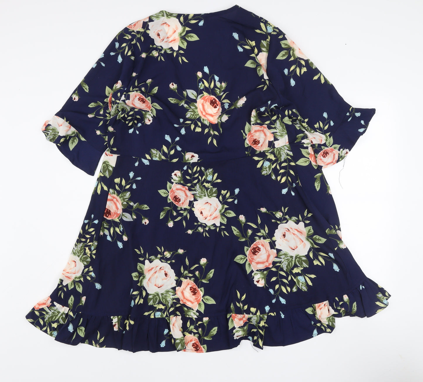 Boohoo Women’s Blue Floral Wrap Dress Size 16 3/4 Sleeve Ruffle Hem