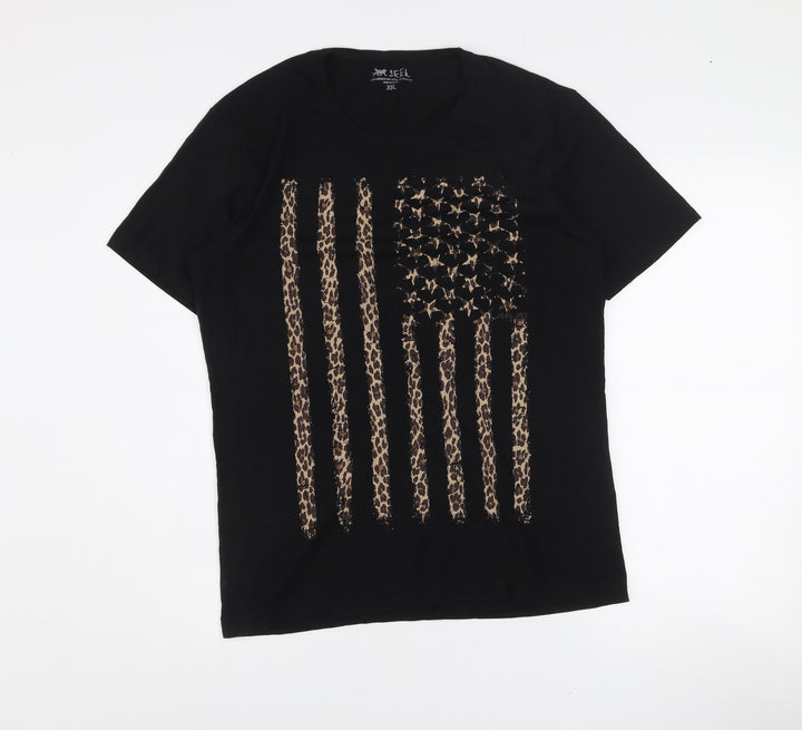 JEEL Womens Black Animal Print Flag T-Shirt 2XL