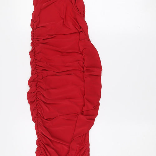 PrettyLittleThing Women’s Red Strapless Ruched Bodycon Midi Dress Size 8