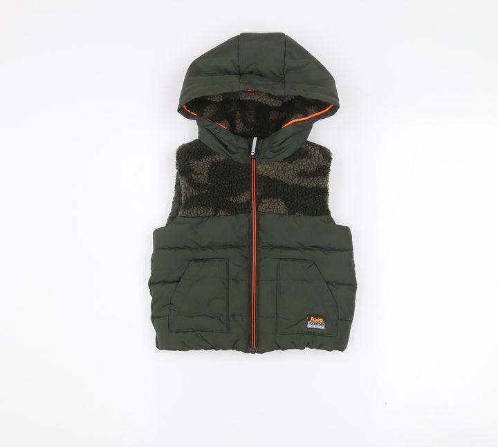F&F Boys Green Camouflage Hooded Puffer Gilet 2-3 Years Polyester