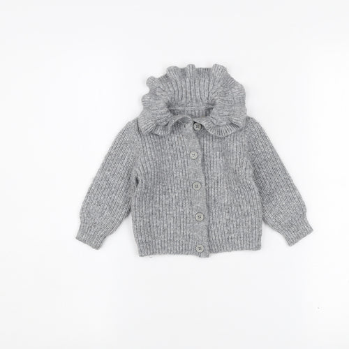 Dunnes Stores Girls Grey Button Cardigan 9-12 Months Ruffle Neck Knit