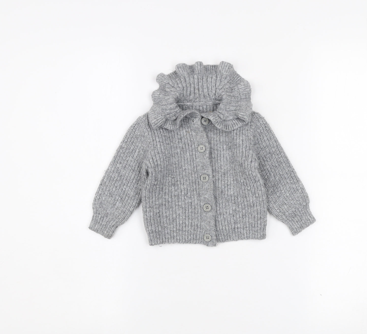 Dunnes Stores Girls Grey Button Cardigan 9-12 Months Ruffle Neck Knit