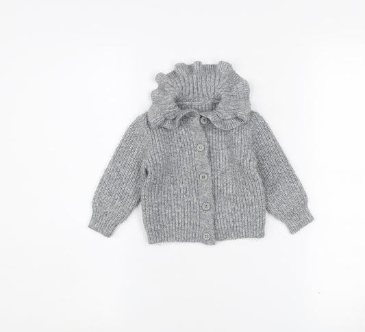 Front view of Dunnes Stores girls’ grey button cardigan 9-12 months ruffle neck knit