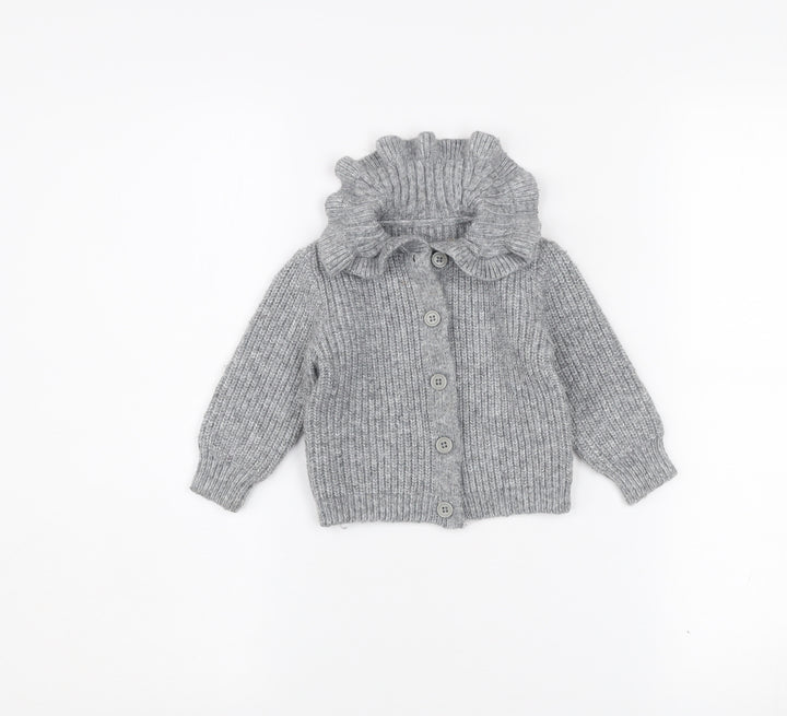 Dunnes Stores Girls Grey Button Cardigan 9-12 Months Ruffle Neck Knit