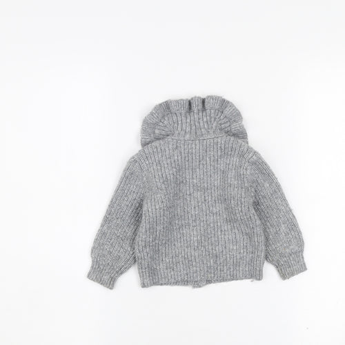 Dunnes Stores Girls Grey Button Cardigan 9-12 Months Ruffle Neck Knit