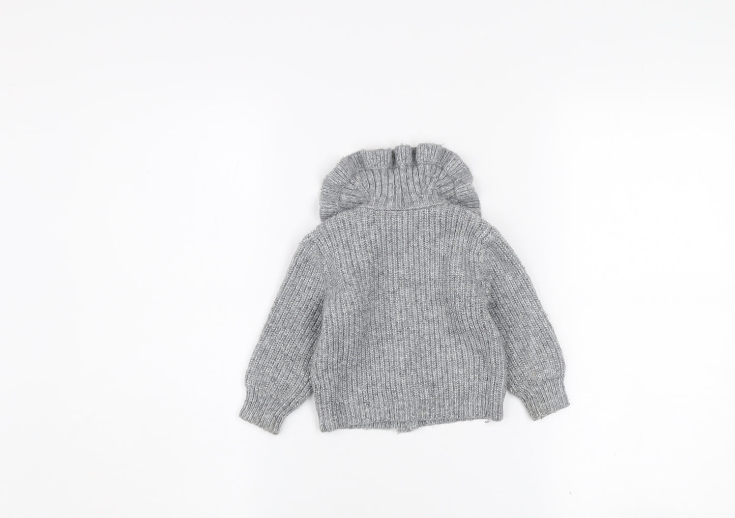 Dunnes Stores Girls Grey Button Cardigan 9-12 Months Ruffle Neck Knit