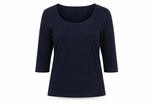 Front view of Dotti Women's Blue Scoop Neck 3/4 Sleeve Cotton T-Shirt, size S