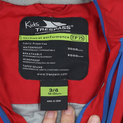 Trespass Boys Red Waterproof Hooded Parka Jacket 3-4 Years