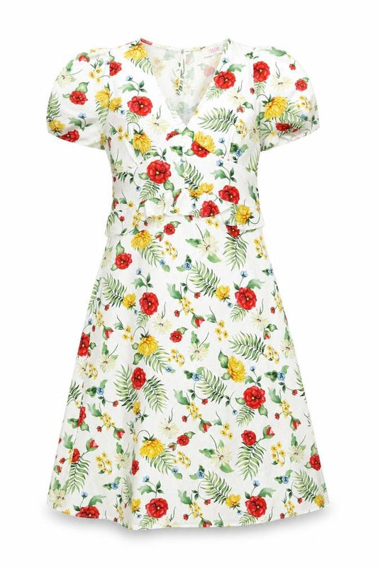 Front view of Savida Women's Multicoloured Floral Fit & Flare V-Neck Dress, size 10