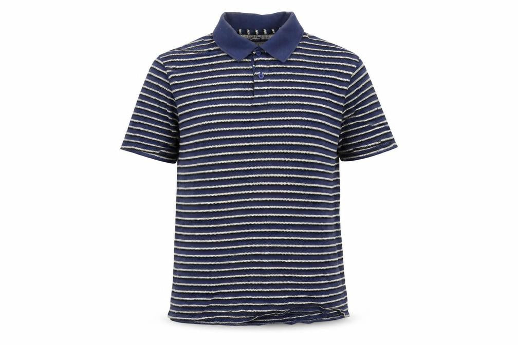 Front view of Dunnes Men's Blue Striped Regular Fit Cotton Polo Shirt Medium