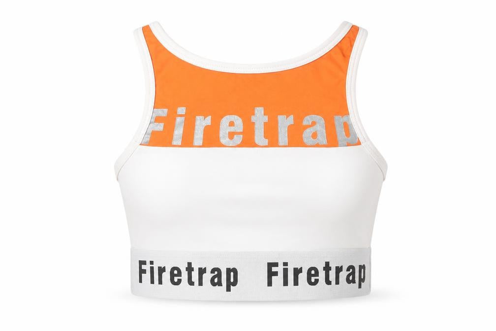 Front view of Firetrap Women's White Orange Cropped Racerback Tank Top, size 8