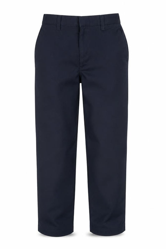 Front view of Dunnes boys’ blue school uniform trousers 7-8 years adjustable waist