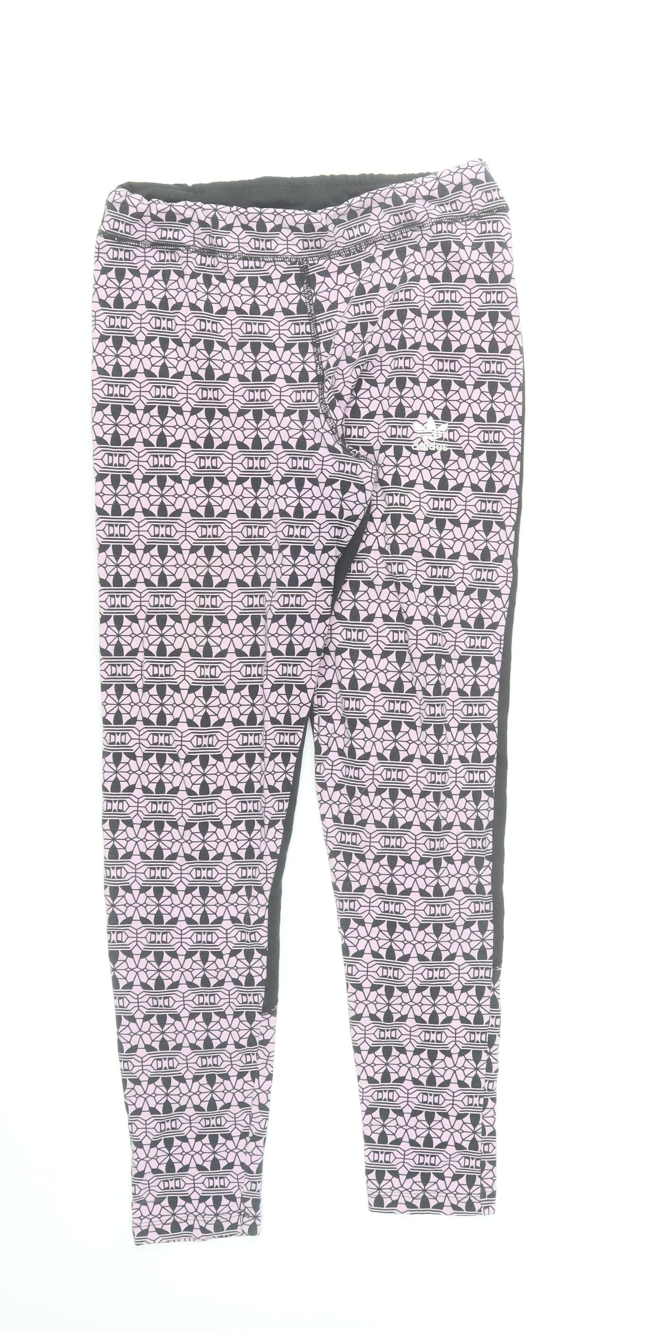 Adidas Women Pink Geometric Print Ankle Leggings Size 12 Cotton Stretch
