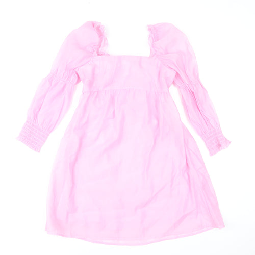 H&M Divided Women’s Pink A-Line Puff Sleeve Bow Back Dress Size 10
