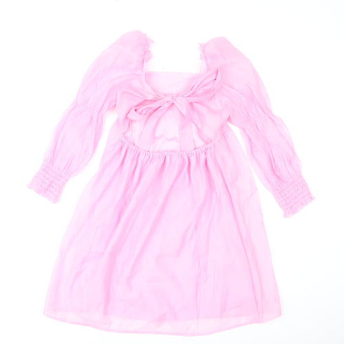 H&M Divided Women’s Pink A-Line Puff Sleeve Bow Back Dress Size 10